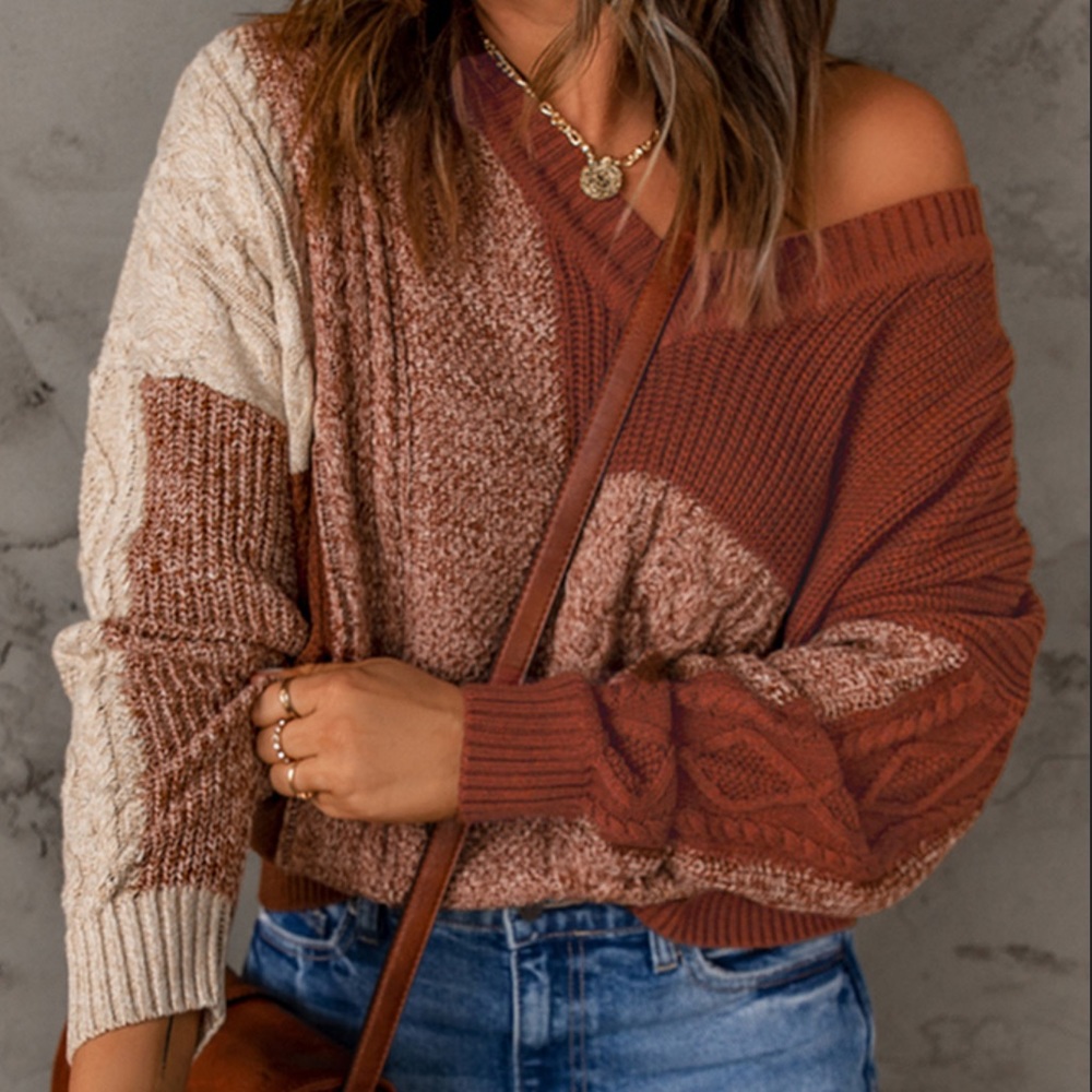 #52 1 Left! Rust Brown Drop Shoulder V Neck Sweater - Picture 10 of 10